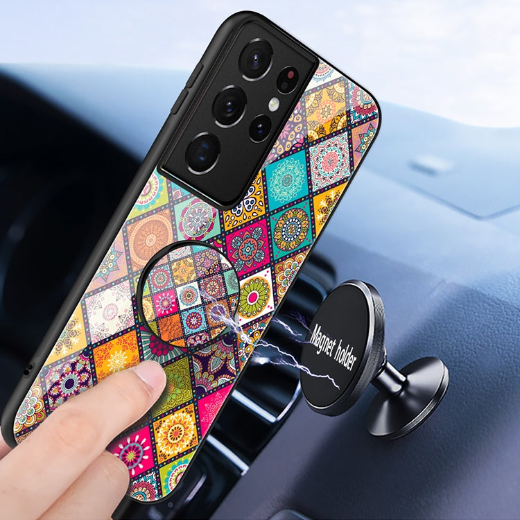 For Samsung Galaxy S21 Ultra 5G Painted Ethnic Pattern Tempered Glass TPU Shockproof Case with Folding Magnetic Holder & Neck Strap