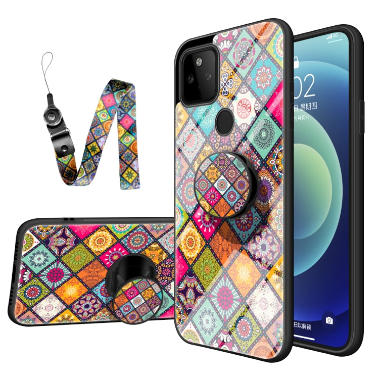 For Google Pixel 5a 5G Painted Ethnic Pattern Tempered Glass TPU Shockproof Case with Folding Magnetic Holder & Neck Strap