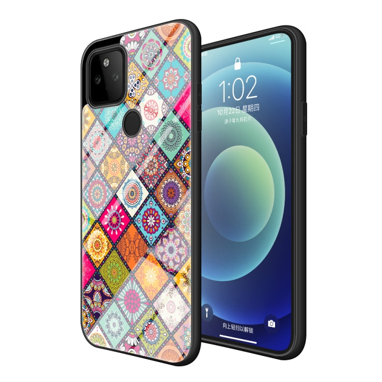 For Google Pixel 5a 5G Painted Ethnic Pattern Tempered Glass TPU Shockproof Case with Folding Magnetic Holder & Neck Strap