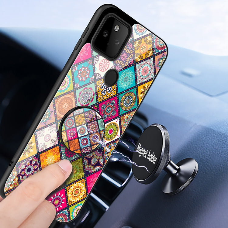 For Google Pixel 5a 5G Painted Ethnic Pattern Tempered Glass TPU Shockproof Case with Folding Magnetic Holder & Neck Strap