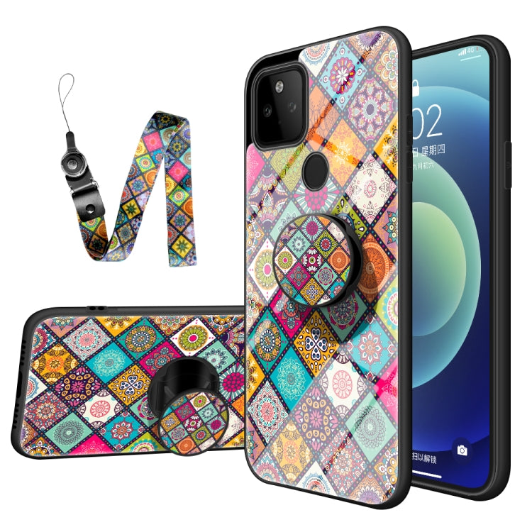 For Google Pixel 5a 5G Painted Ethnic Pattern Tempered Glass TPU Shockproof Case with Folding Magnetic Holder & Neck Strap