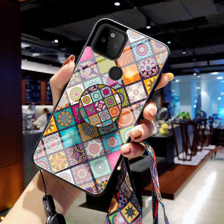 For Google Pixel 5a 5G Painted Ethnic Pattern Tempered Glass TPU Shockproof Case with Folding Magnetic Holder & Neck Strap