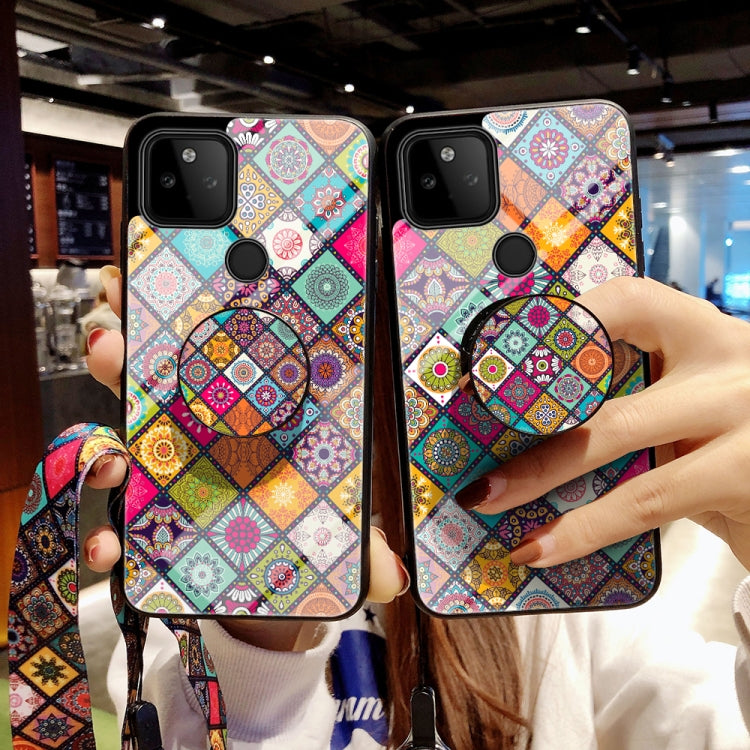 For Google Pixel 5a 5G Painted Ethnic Pattern Tempered Glass TPU Shockproof Case with Folding Magnetic Holder & Neck Strap
