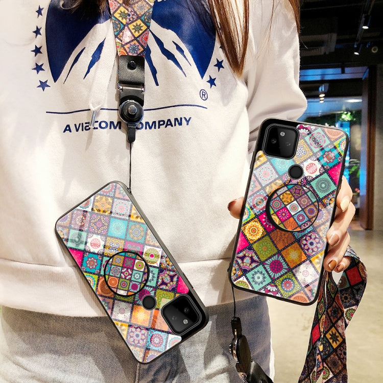 For Google Pixel 5a 5G Painted Ethnic Pattern Tempered Glass TPU Shockproof Case with Folding Magnetic Holder & Neck Strap