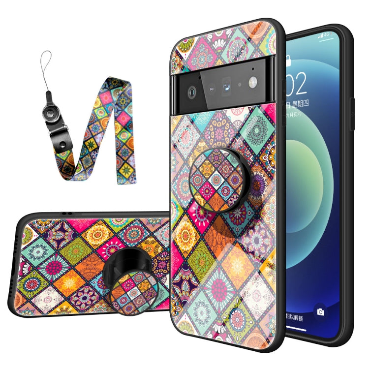 For Google Pixel 6 Pro Painted Ethnic Pattern Tempered Glass TPU Shockproof Case with Folding Magnetic Holder & Neck Strap