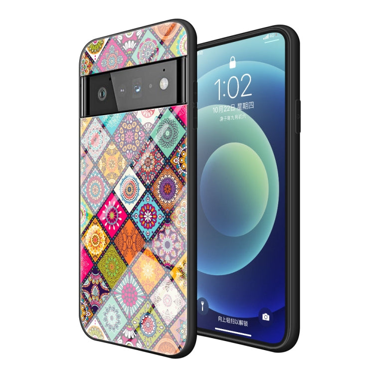 For Google Pixel 6 Pro Painted Ethnic Pattern Tempered Glass TPU Shockproof Case with Folding Magnetic Holder & Neck Strap