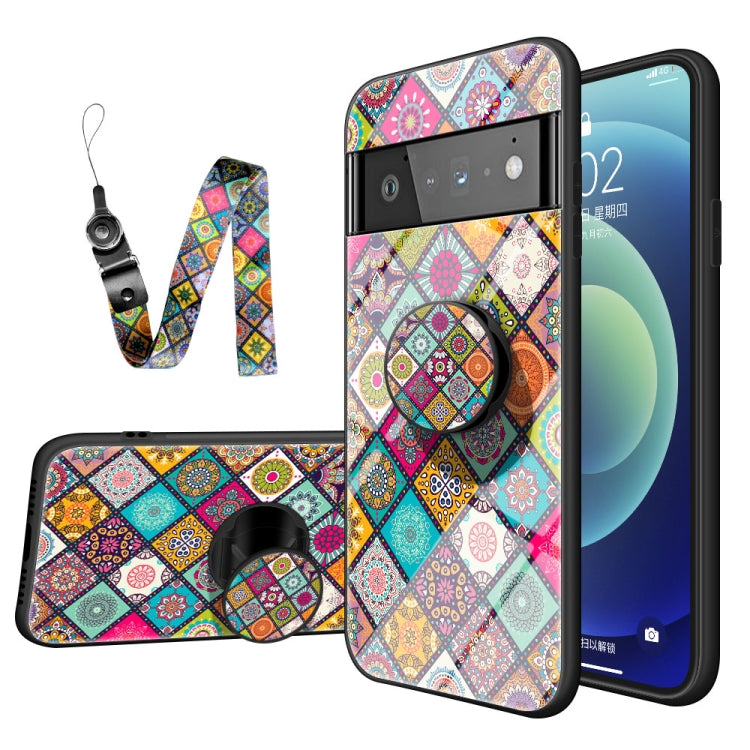 For Google Pixel 6 Pro Painted Ethnic Pattern Tempered Glass TPU Shockproof Case with Folding Magnetic Holder & Neck Strap