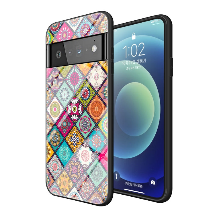 For Google Pixel 6 Pro Painted Ethnic Pattern Tempered Glass TPU Shockproof Case with Folding Magnetic Holder & Neck Strap