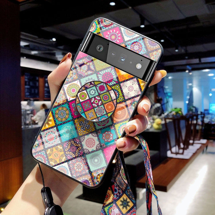 For Google Pixel 6 Pro Painted Ethnic Pattern Tempered Glass TPU Shockproof Case with Folding Magnetic Holder & Neck Strap