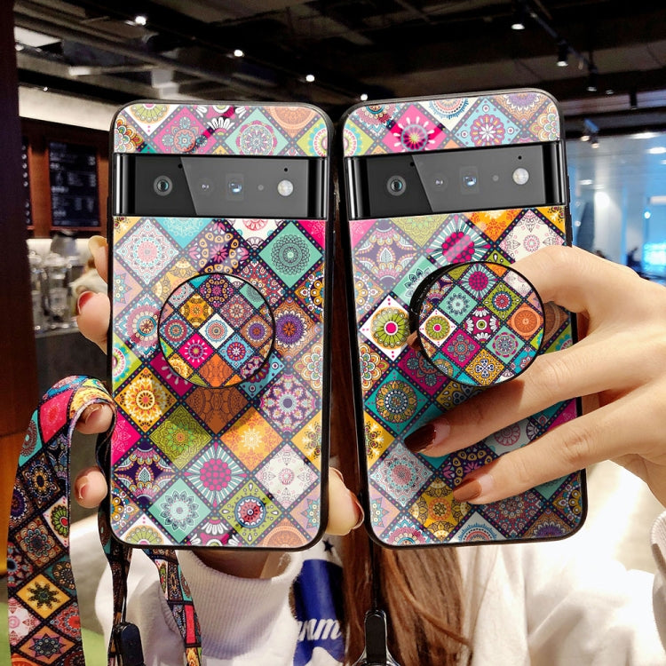 For Google Pixel 6 Pro Painted Ethnic Pattern Tempered Glass TPU Shockproof Case with Folding Magnetic Holder & Neck Strap