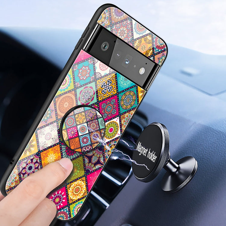 For Google Pixel 6 Pro Painted Ethnic Pattern Tempered Glass TPU Shockproof Case with Folding Magnetic Holder & Neck Strap
