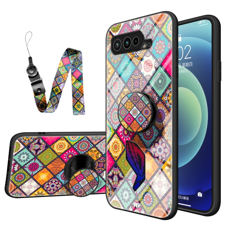 For Asus ROG Phone 5 Painted Ethnic Pattern Tempered Glass TPU Shockproof Case with Folding Magnetic Holder & Neck Strap