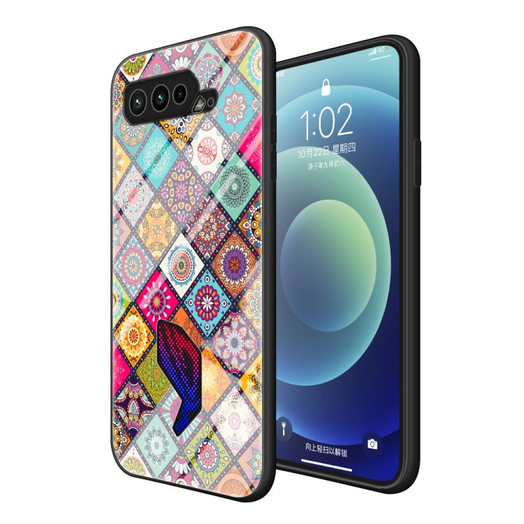For Asus ROG Phone 5 Painted Ethnic Pattern Tempered Glass TPU Shockproof Case with Folding Magnetic Holder & Neck Strap