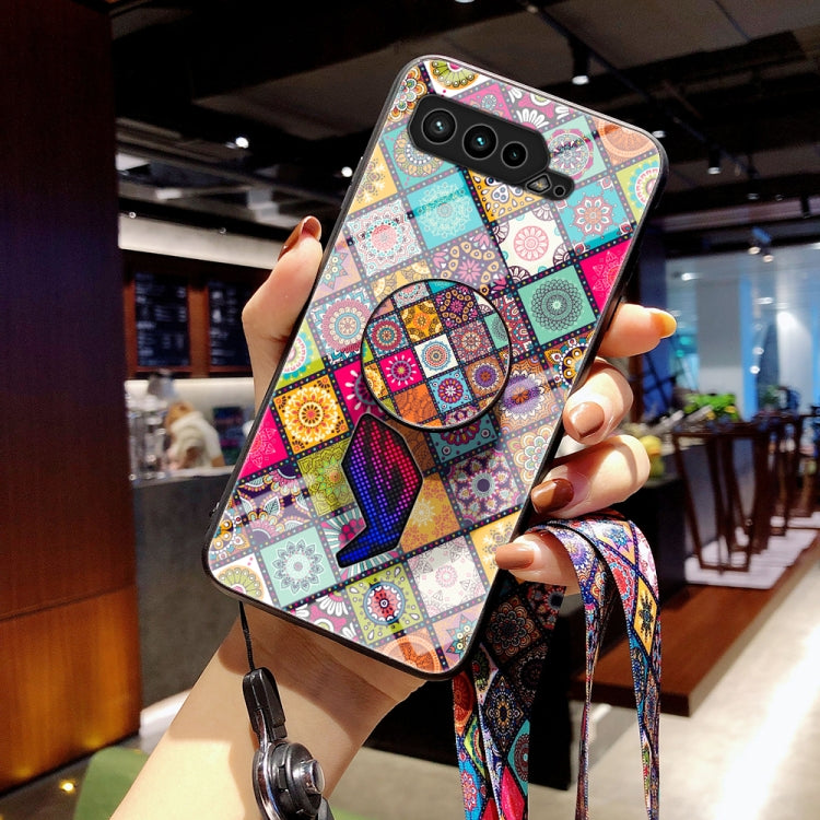For Asus ROG Phone 5 Painted Ethnic Pattern Tempered Glass TPU Shockproof Case with Folding Magnetic Holder & Neck Strap