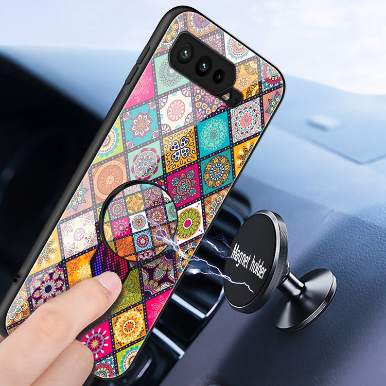 For Asus ROG Phone 5 Painted Ethnic Pattern Tempered Glass TPU Shockproof Case with Folding Magnetic Holder & Neck Strap