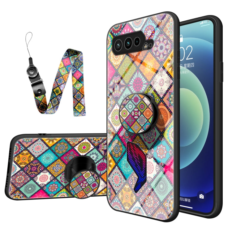 For Asus ROG Phone 5 Painted Ethnic Pattern Tempered Glass TPU Shockproof Case with Folding Magnetic Holder & Neck Strap