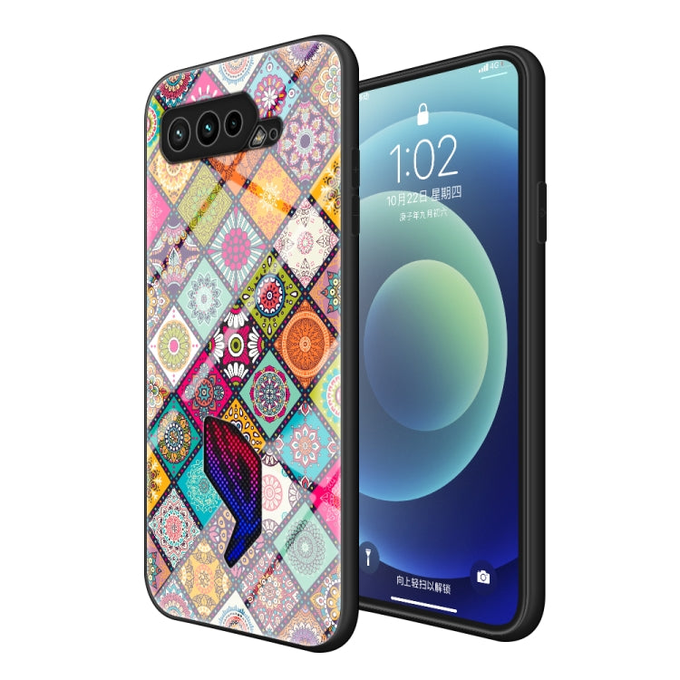 For Asus ROG Phone 5 Painted Ethnic Pattern Tempered Glass TPU Shockproof Case with Folding Magnetic Holder & Neck Strap