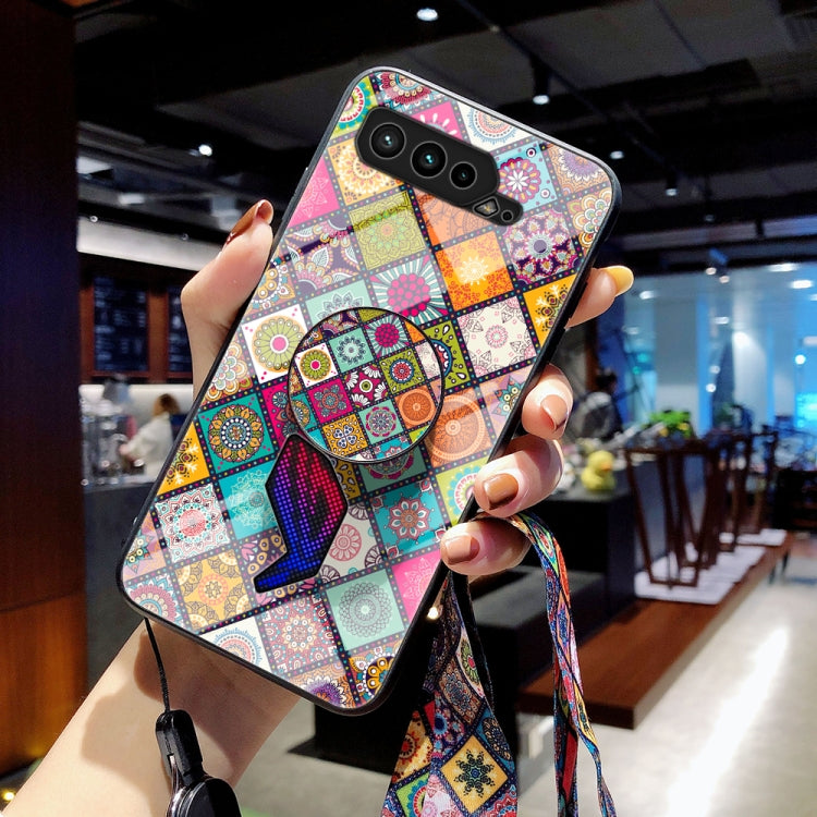 For Asus ROG Phone 5 Painted Ethnic Pattern Tempered Glass TPU Shockproof Case with Folding Magnetic Holder & Neck Strap