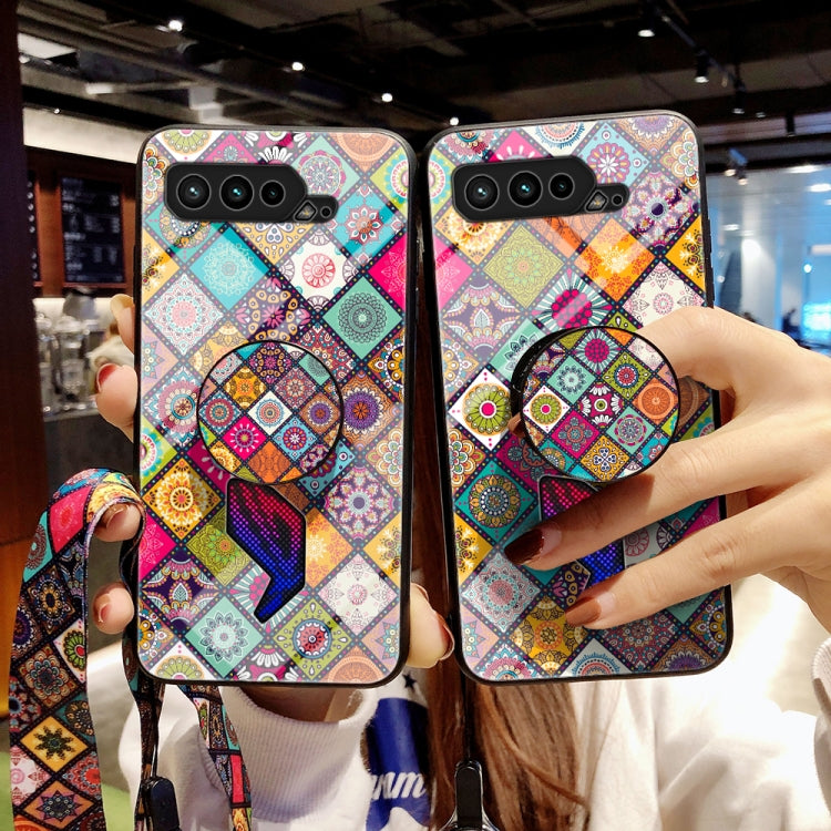 For Asus ROG Phone 5 Painted Ethnic Pattern Tempered Glass TPU Shockproof Case with Folding Magnetic Holder & Neck Strap