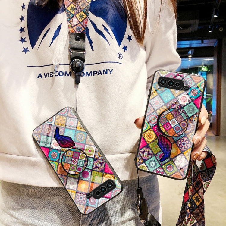 For Asus ROG Phone 5 Painted Ethnic Pattern Tempered Glass TPU Shockproof Case with Folding Magnetic Holder & Neck Strap