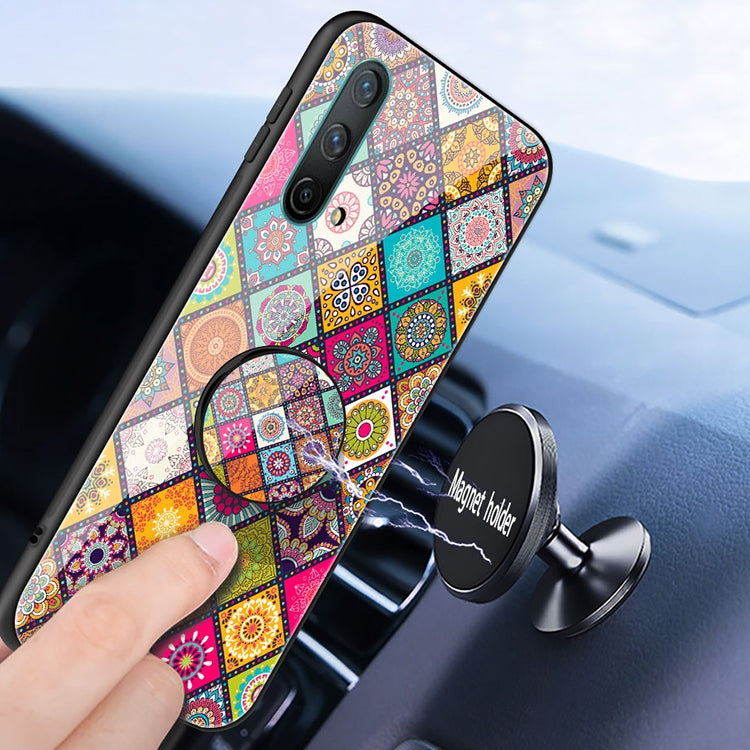 For OnePlus Nord CE 5G Painted Ethnic Pattern Tempered Glass TPU Shockproof Case with Folding Magnetic Holder & Neck Strap