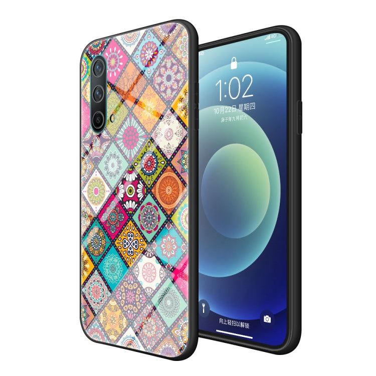 For OnePlus Nord CE 5G Painted Ethnic Pattern Tempered Glass TPU Shockproof Case with Folding Magnetic Holder & Neck Strap