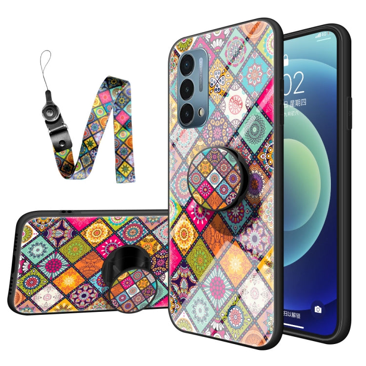 For OnePlus Nord N200 5G Painted Ethnic Pattern Tempered Glass TPU Shockproof Case with Folding Magnetic Holder & Neck Strap