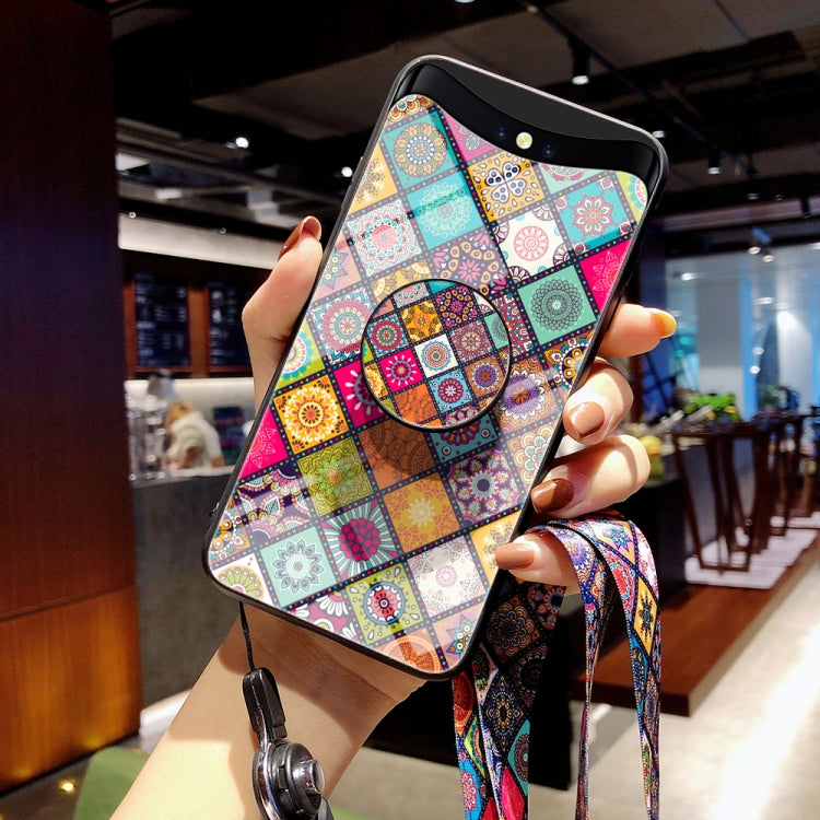 For OPPO Find X Painted Ethnic Pattern Tempered Glass TPU Shockproof Case with Folding Magnetic Holder & Neck Strap