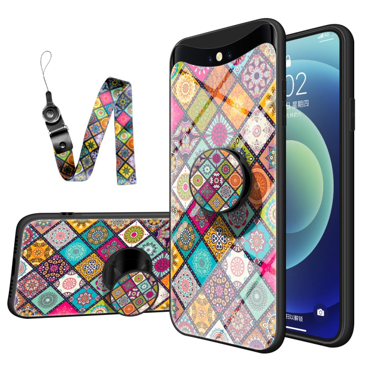 For OPPO Find X Painted Ethnic Pattern Tempered Glass TPU Shockproof Case with Folding Magnetic Holder & Neck Strap