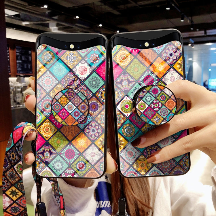For OPPO Find X Painted Ethnic Pattern Tempered Glass TPU Shockproof Case with Folding Magnetic Holder & Neck Strap