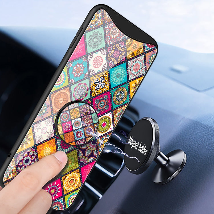 For OPPO Find X Painted Ethnic Pattern Tempered Glass TPU Shockproof Case with Folding Magnetic Holder & Neck Strap