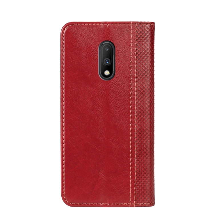 For OnePlus 7 Grid Texture Magnetic PU + TPU Horizontal Flip Leather Case with Holder & Card Slot