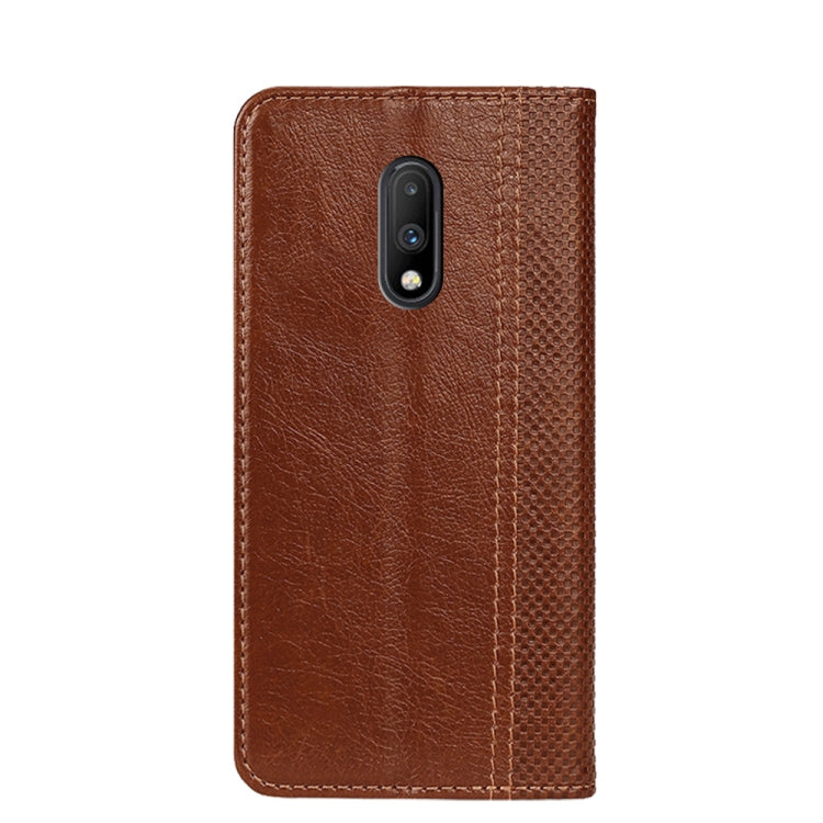 For OnePlus 7 Grid Texture Magnetic PU + TPU Horizontal Flip Leather Case with Holder & Card Slot