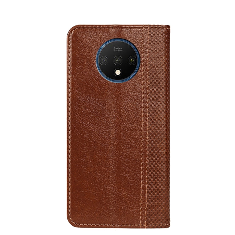 For OnePlus 7T Grid Texture Magnetic PU + TPU Horizontal Flip Leather Case with Holder & Card Slot