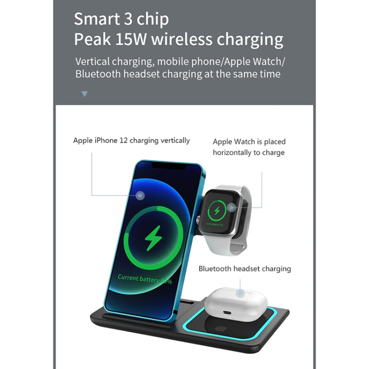 A10 3 in 1 23W Foldable QI Wireless Charger for Mobile Phones & Apple Watches & AirPods, with Ambient Light(Black)