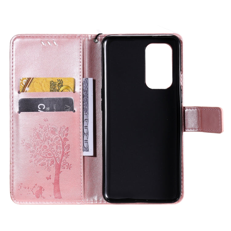 For OnePlus 9 Tree & Cat Pattern Pressed Printing Horizontal Flip PU Leather Case with Holder & Card Slots & Wallet & Lanyard