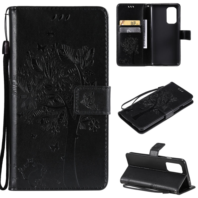 For OnePlus 9 Tree & Cat Pattern Pressed Printing Horizontal Flip PU Leather Case with Holder & Card Slots & Wallet & Lanyard