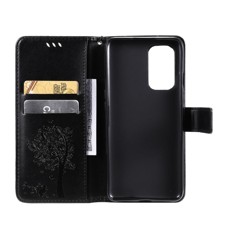 For OnePlus 9 Tree & Cat Pattern Pressed Printing Horizontal Flip PU Leather Case with Holder & Card Slots & Wallet & Lanyard