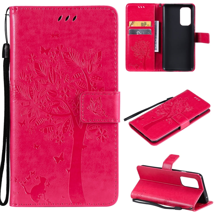 For OnePlus 9 Tree & Cat Pattern Pressed Printing Horizontal Flip PU Leather Case with Holder & Card Slots & Wallet & Lanyard