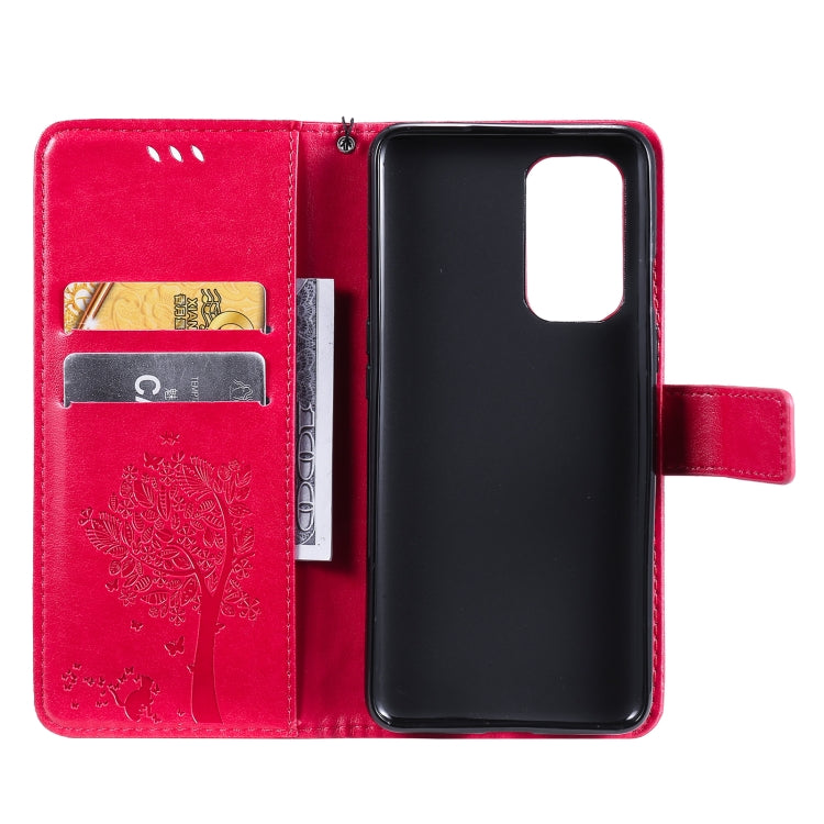 For OnePlus 9 Tree & Cat Pattern Pressed Printing Horizontal Flip PU Leather Case with Holder & Card Slots & Wallet & Lanyard