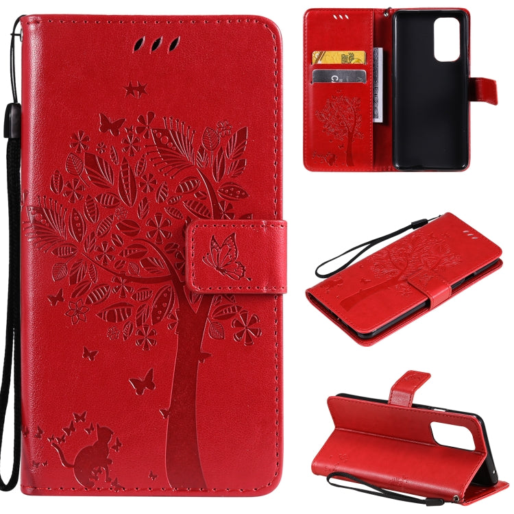 For OnePlus 9 Tree & Cat Pattern Pressed Printing Horizontal Flip PU Leather Case with Holder & Card Slots & Wallet & Lanyard