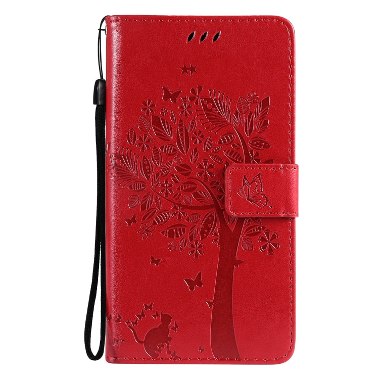 For OnePlus 9 Tree & Cat Pattern Pressed Printing Horizontal Flip PU Leather Case with Holder & Card Slots & Wallet & Lanyard