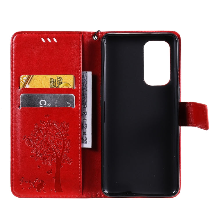For OnePlus 9 Tree & Cat Pattern Pressed Printing Horizontal Flip PU Leather Case with Holder & Card Slots & Wallet & Lanyard