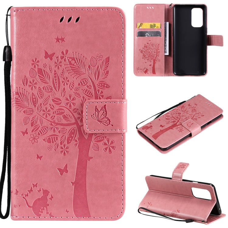 For OnePlus 9 Tree & Cat Pattern Pressed Printing Horizontal Flip PU Leather Case with Holder & Card Slots & Wallet & Lanyard