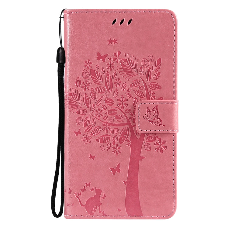 For OnePlus 9 Tree & Cat Pattern Pressed Printing Horizontal Flip PU Leather Case with Holder & Card Slots & Wallet & Lanyard