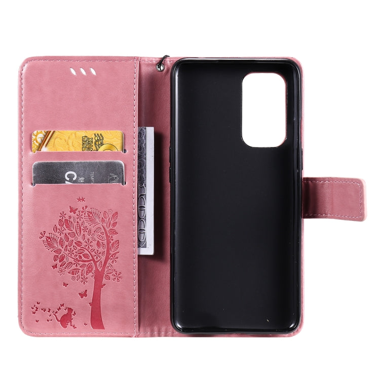 For OnePlus 9 Tree & Cat Pattern Pressed Printing Horizontal Flip PU Leather Case with Holder & Card Slots & Wallet & Lanyard
