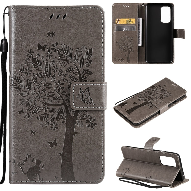 For OnePlus 9 Tree & Cat Pattern Pressed Printing Horizontal Flip PU Leather Case with Holder & Card Slots & Wallet & Lanyard