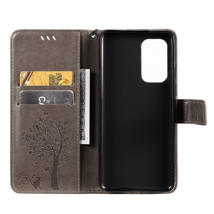 For OnePlus 9 Tree & Cat Pattern Pressed Printing Horizontal Flip PU Leather Case with Holder & Card Slots & Wallet & Lanyard