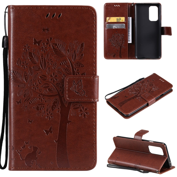 For OnePlus 9 Tree & Cat Pattern Pressed Printing Horizontal Flip PU Leather Case with Holder & Card Slots & Wallet & Lanyard