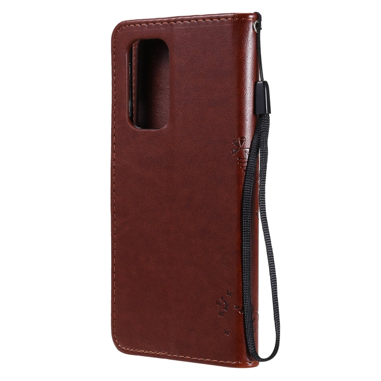For OnePlus 9 Tree & Cat Pattern Pressed Printing Horizontal Flip PU Leather Case with Holder & Card Slots & Wallet & Lanyard